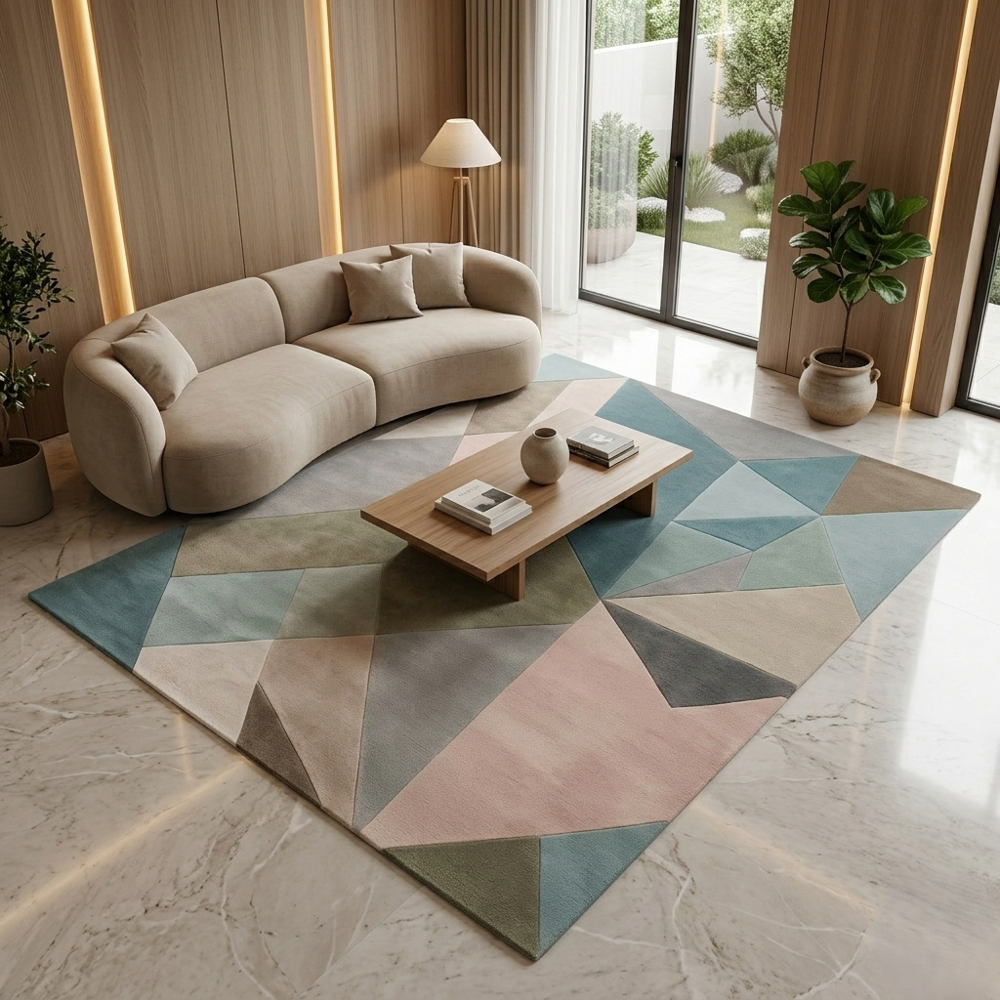 Hand-Tufted Modern Geometric Teal Pink Polygon Wool Area Rug