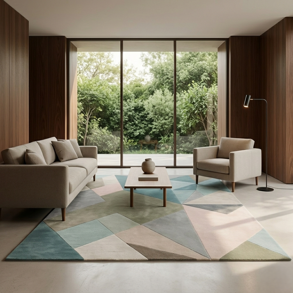 Hand-Tufted Modern Geometric Teal Pink Polygon Wool Area Rug