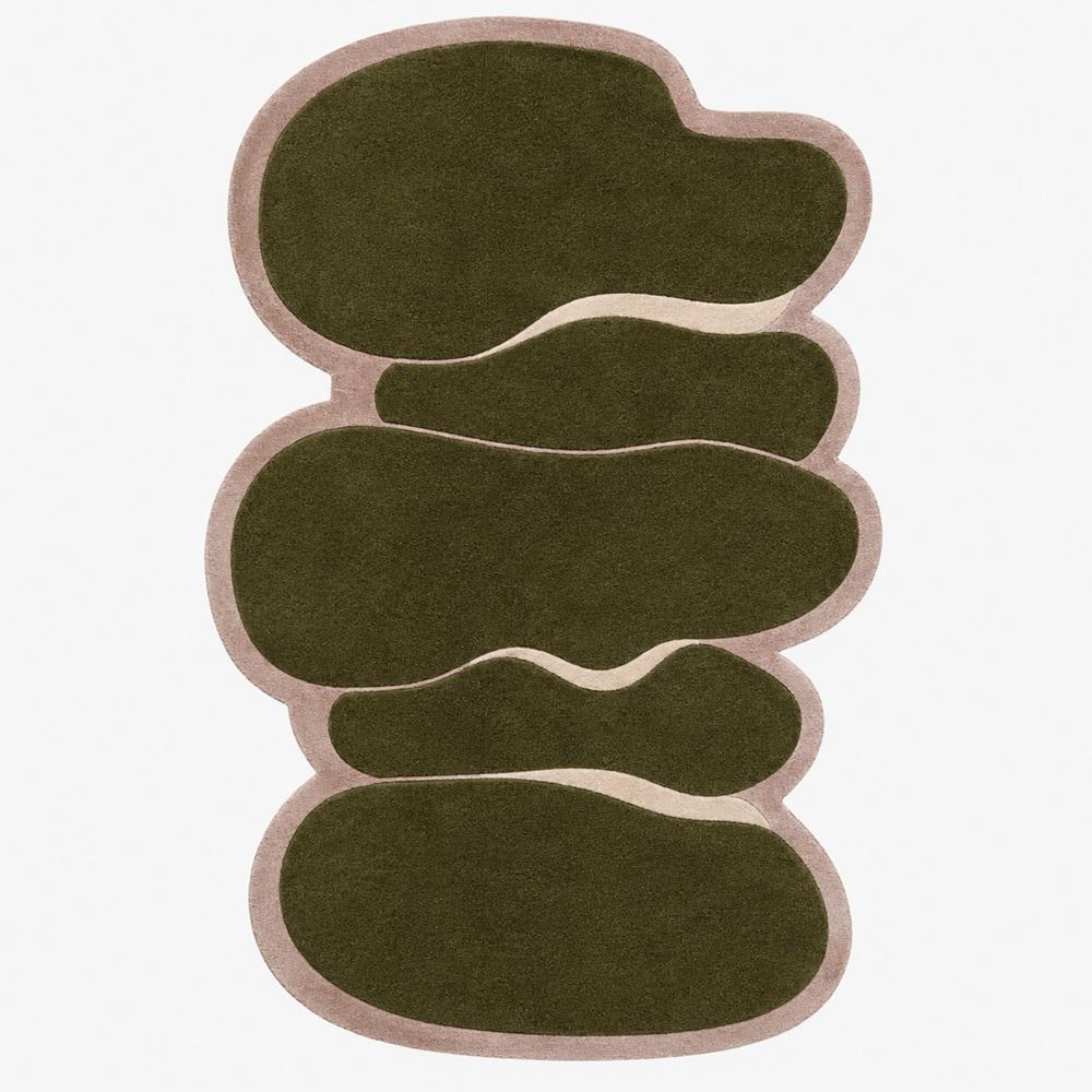 Hand-Tufted Modern Irregular Stacked Pebble Olive Green & Pink Wool Area Rug