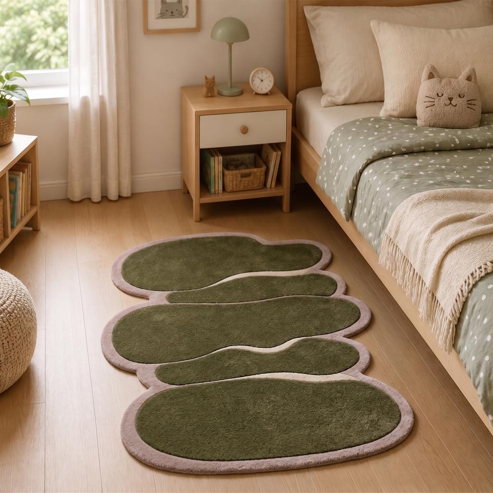 Hand-Tufted Modern Irregular Stacked Pebble Olive Green & Pink Wool Area Rug