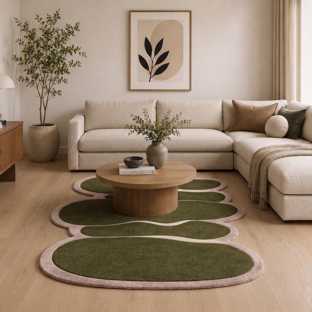 Hand-Tufted Modern Irregular Stacked Pebble Olive Green & Pink Wool Area Rug