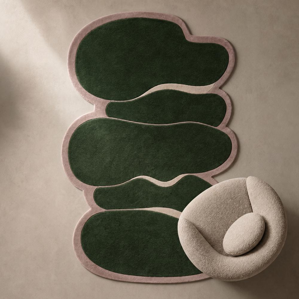Hand-Tufted Modern Irregular Stacked Pebble Olive Green & Pink Wool Area Rug