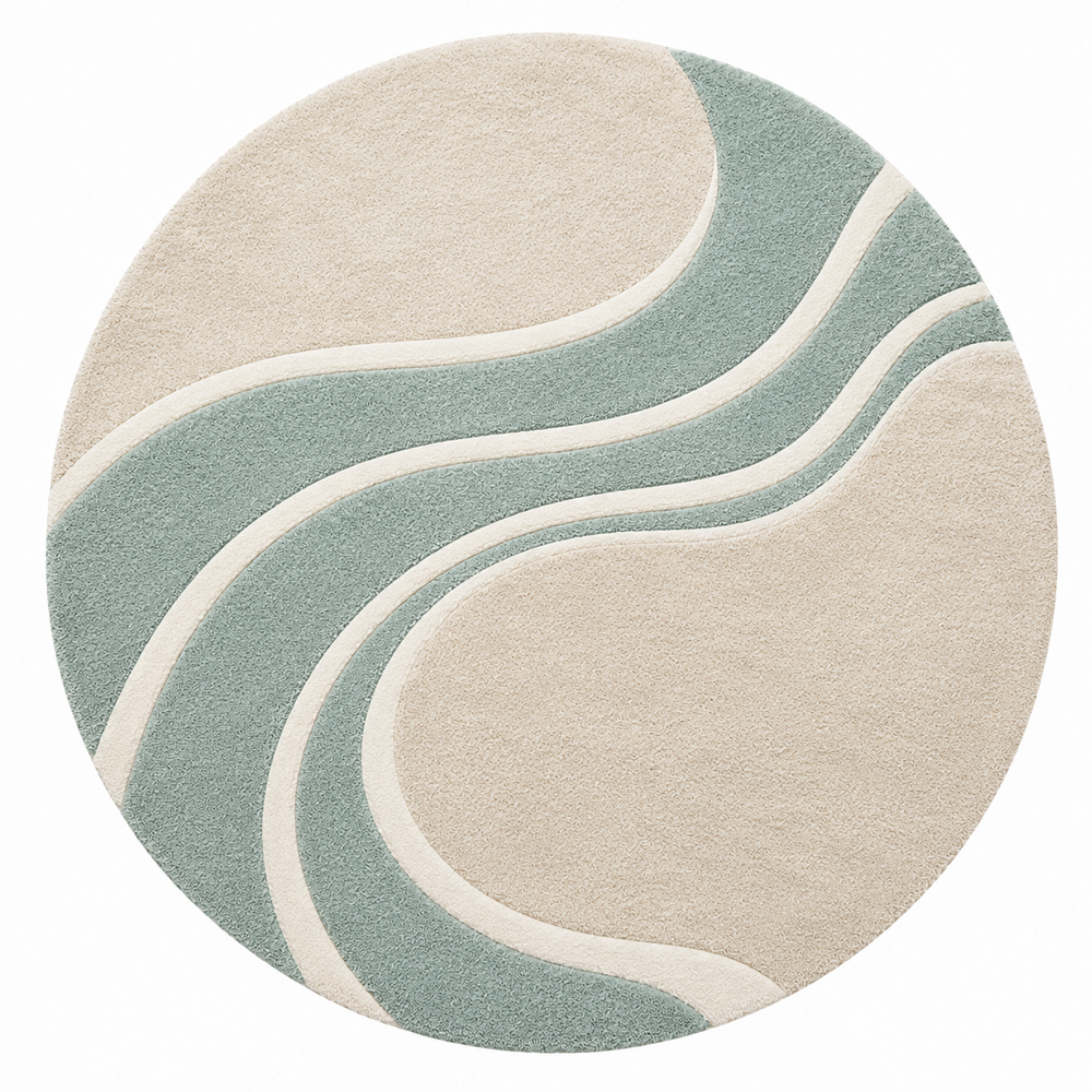 Hand-Tufted Modern Abstract Wavy Round Beige & Sage Green Wool Area Rug