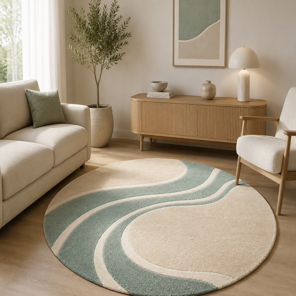 Hand-Tufted Modern Abstract Wavy Round Beige & Sage Green Wool Area Rug