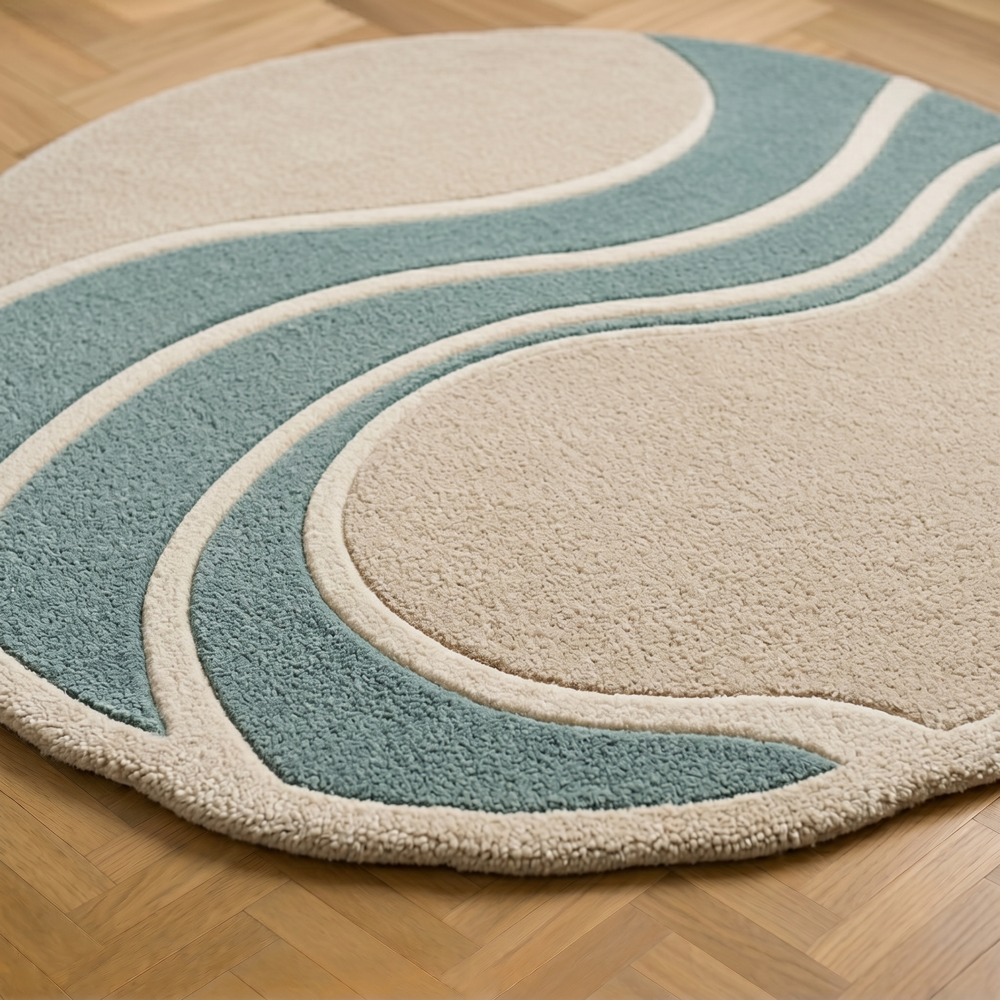 Hand-Tufted Modern Abstract Wavy Round Beige & Sage Green Wool Area Rug