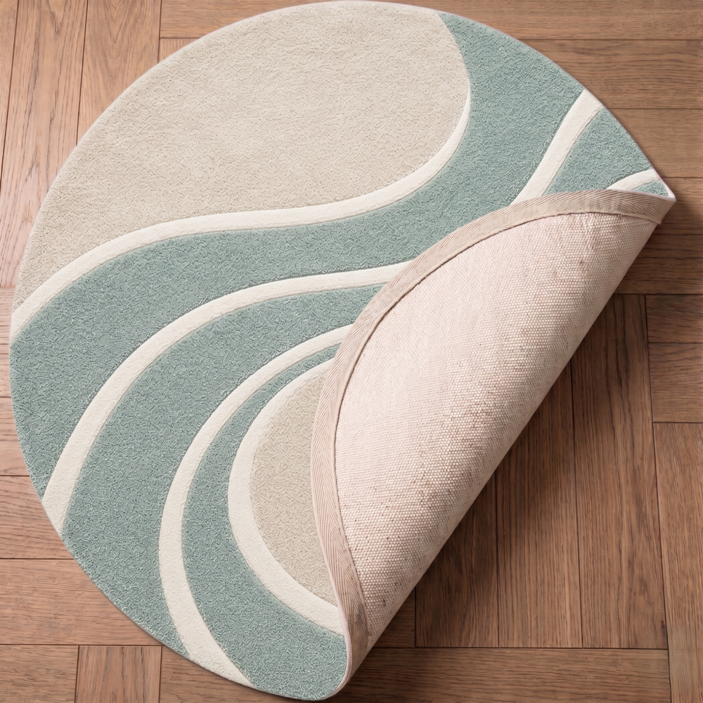 Hand-Tufted Modern Abstract Wavy Round Beige & Sage Green Wool Area Rug
