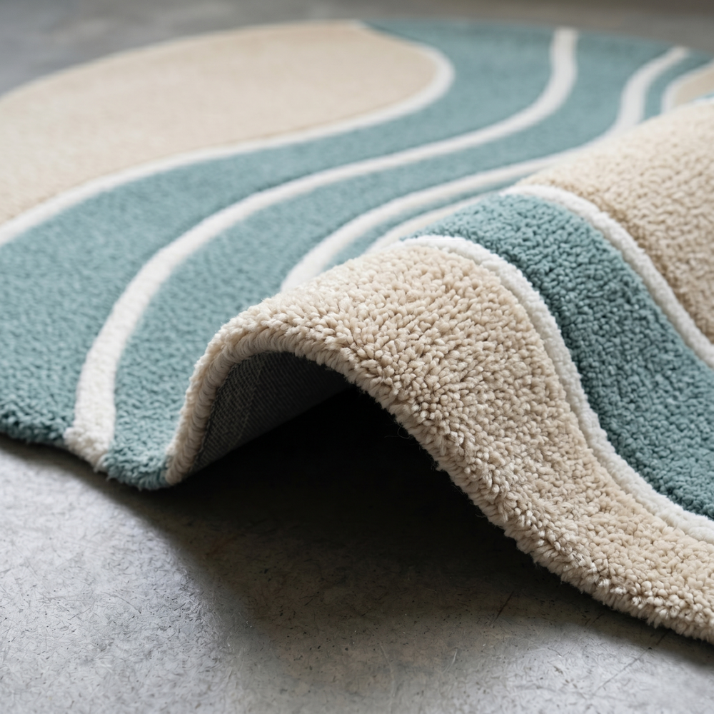 Hand-Tufted Modern Abstract Wavy Round Beige & Sage Green Wool Area Rug