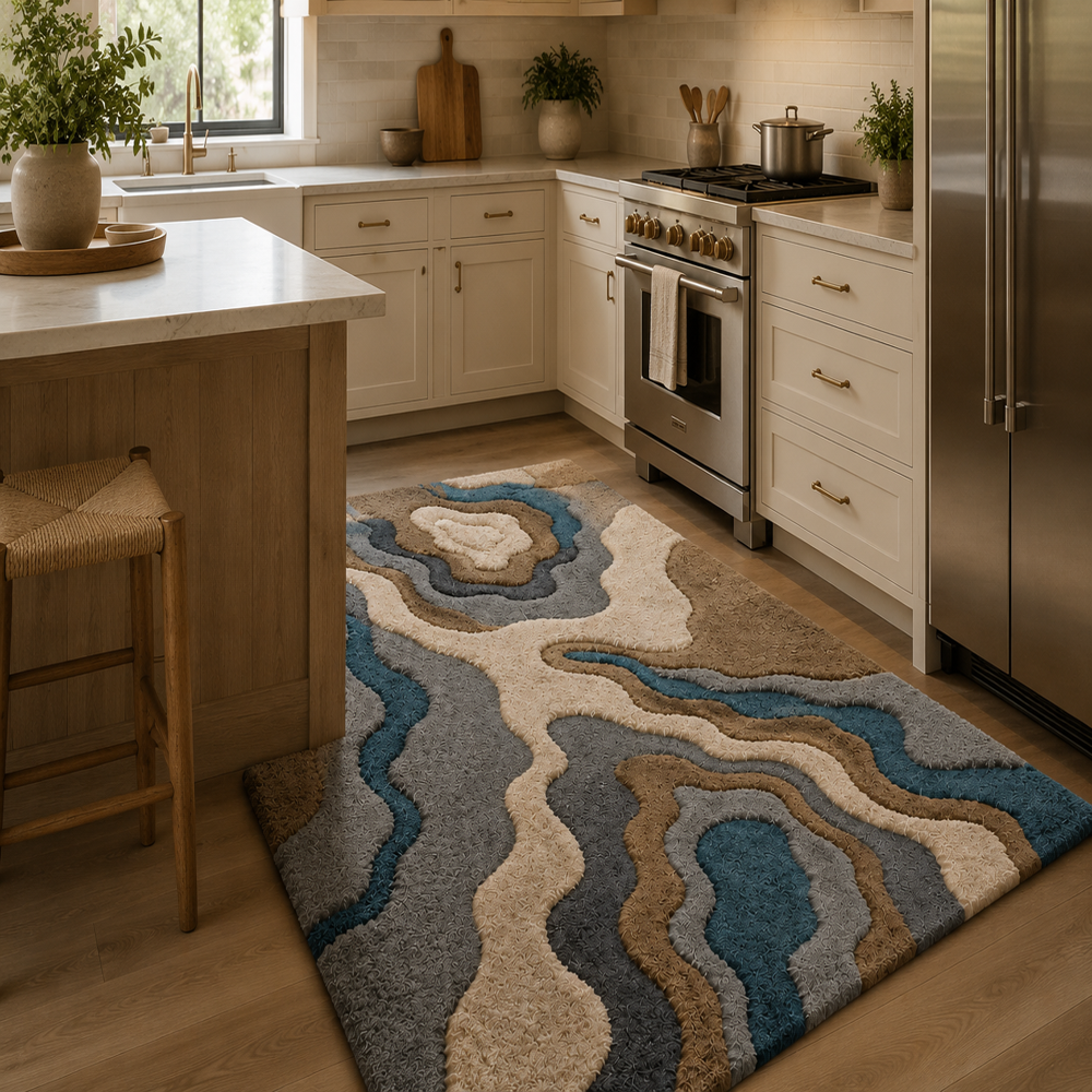 Hand-Tufted Modern Abstract Topographic Blue and Brown Wool Area Rug