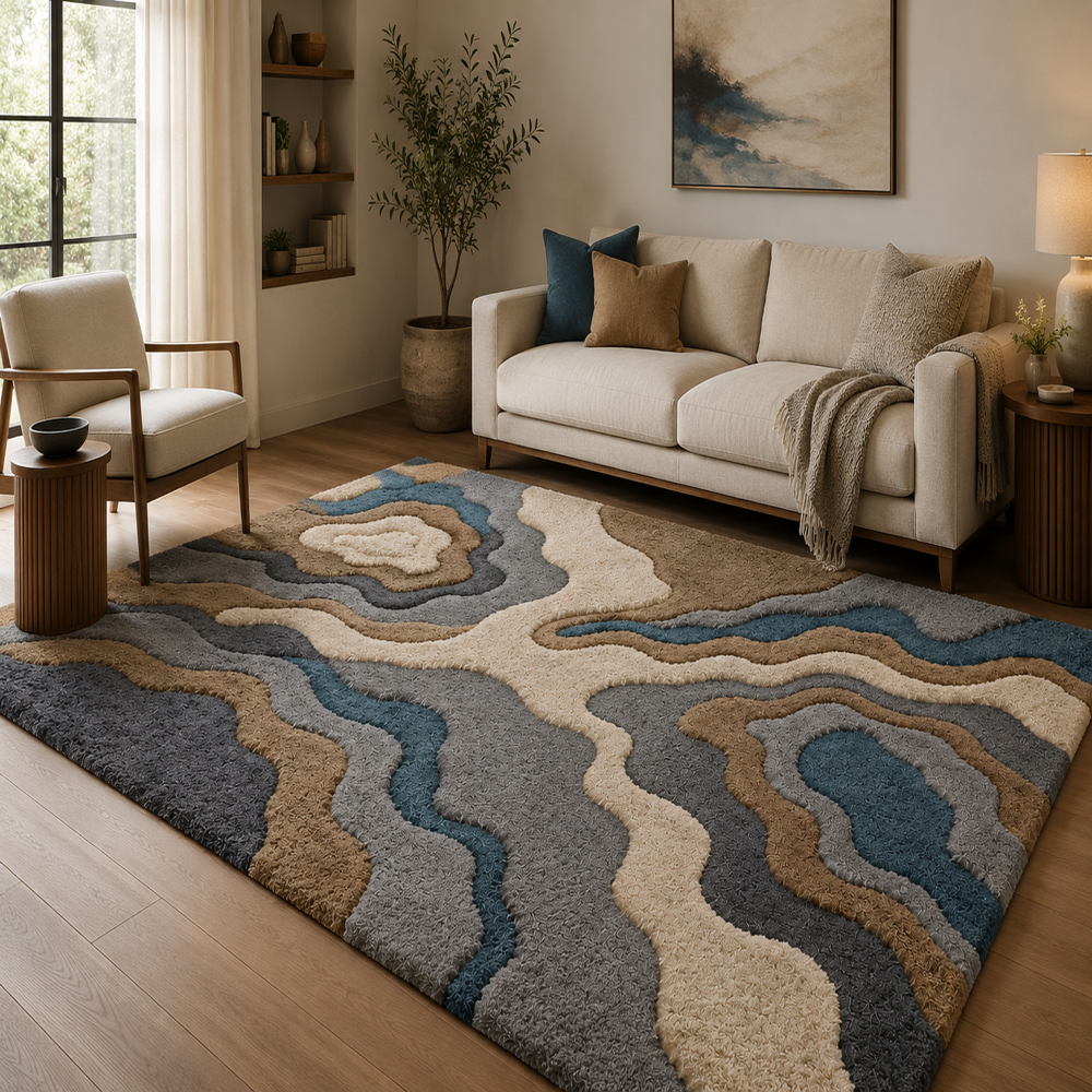 Hand-Tufted Modern Abstract Topographic Blue and Brown Wool Area Rug