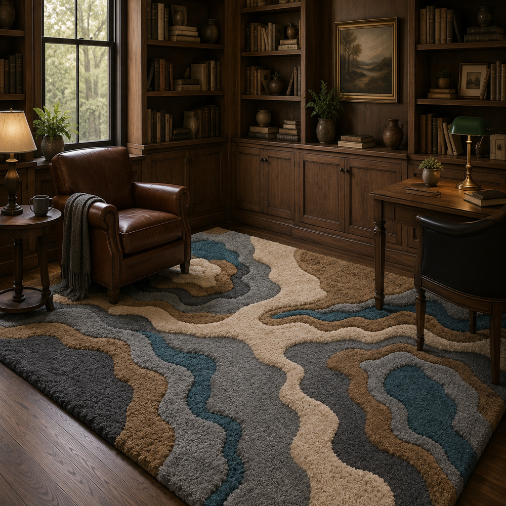 Hand-Tufted Modern Abstract Topographic Blue and Brown Wool Area Rug