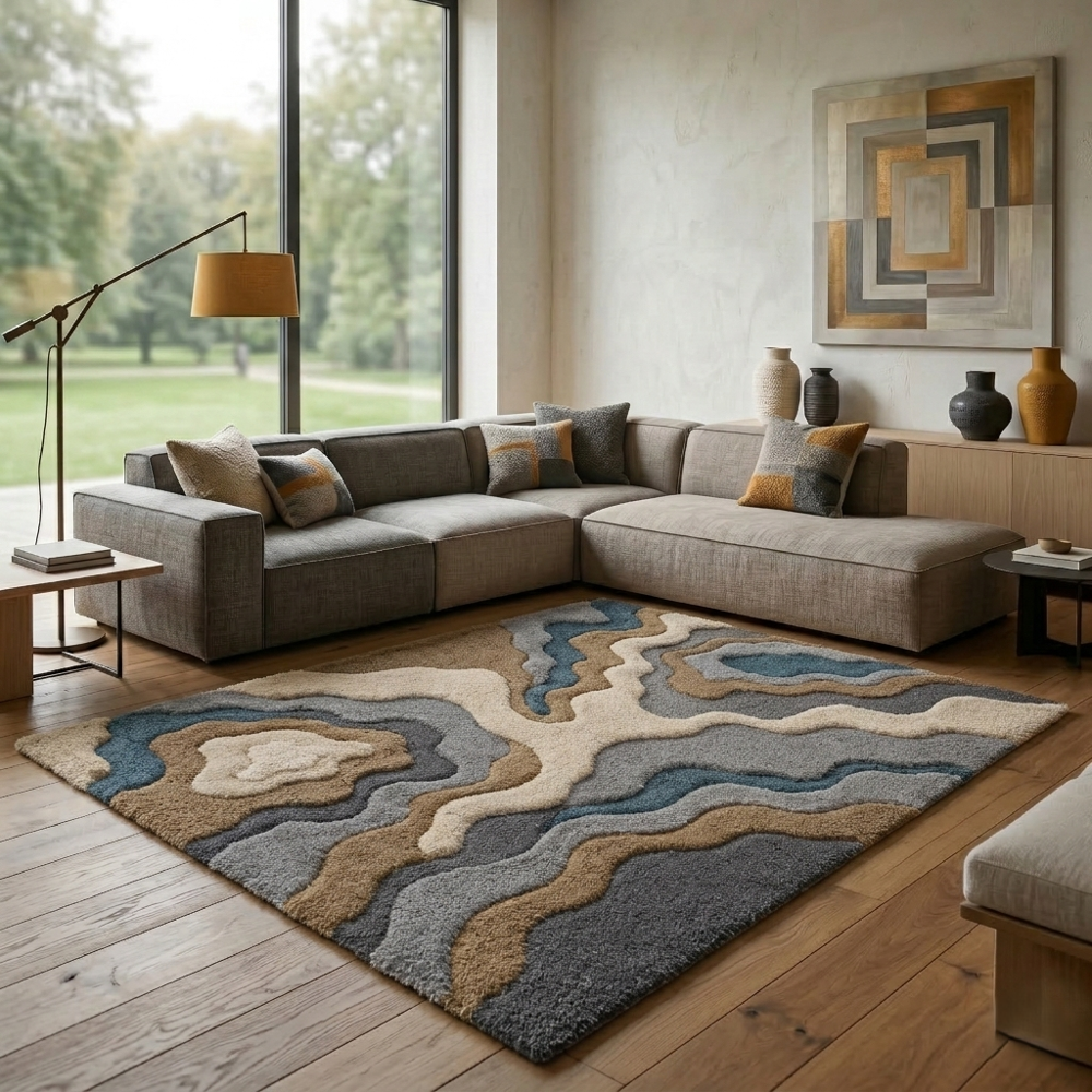 Hand-Tufted Modern Abstract Topographic Blue and Brown Wool Area Rug