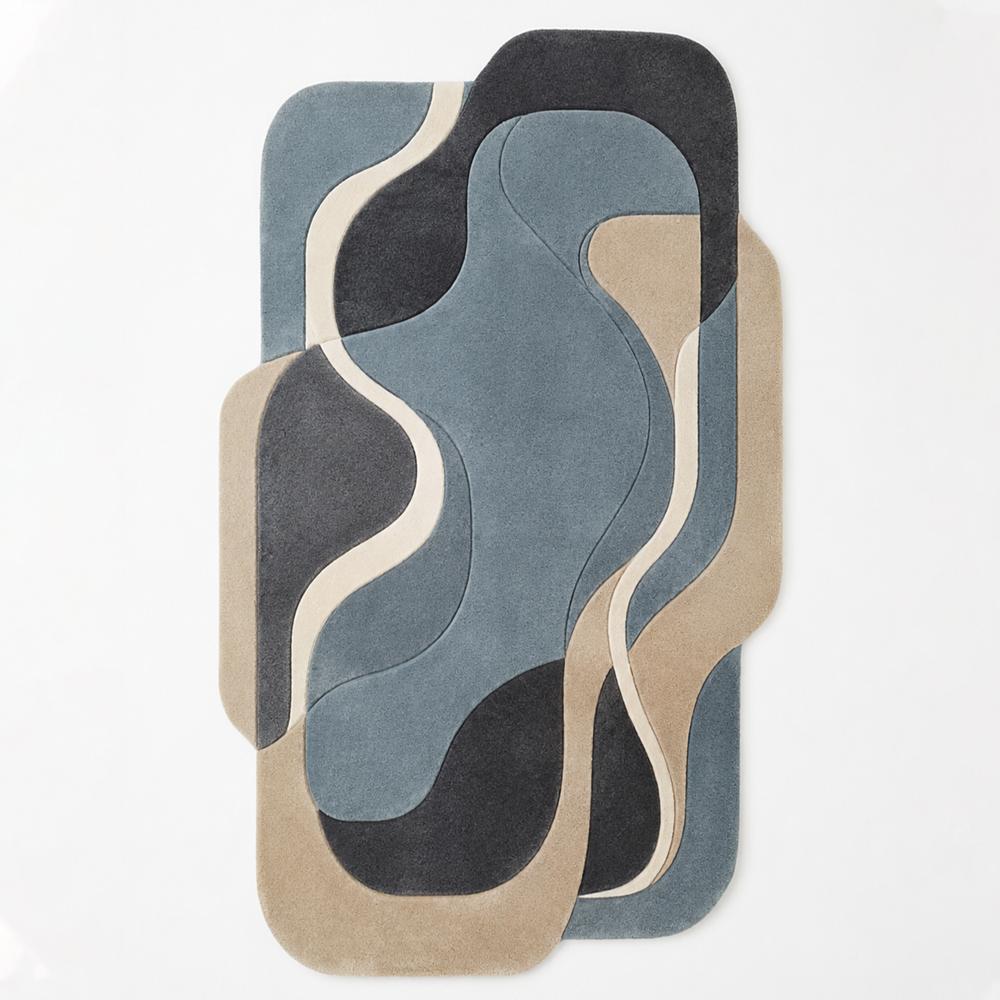 Hand-Tufted Modern Irregular Wavy Blue Beige & Charcoal Wool Area Rug