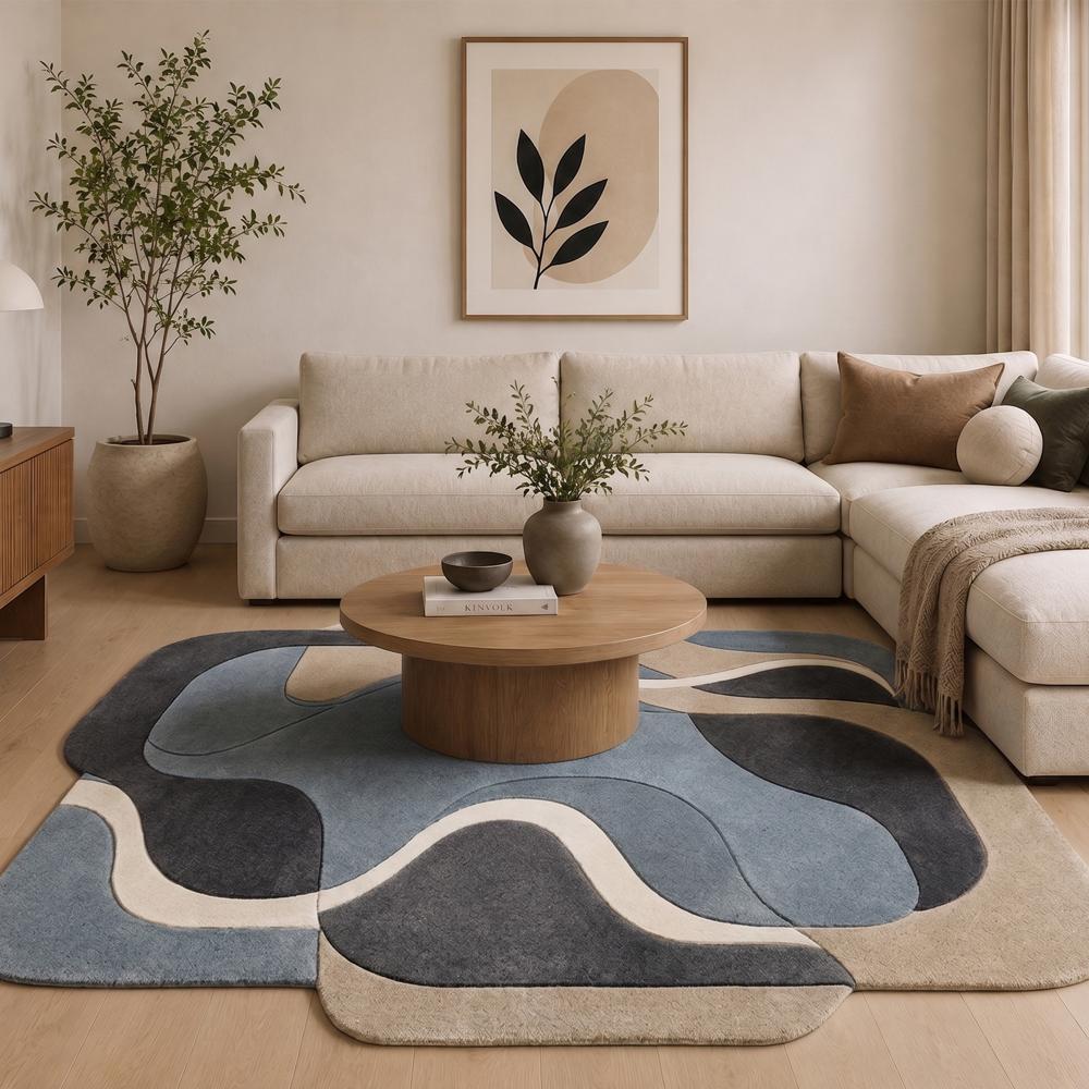 Hand-Tufted Modern Irregular Wavy Blue Beige & Charcoal Wool Area Rug