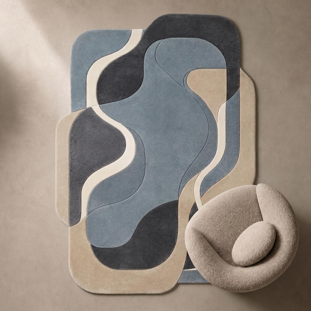 Hand-Tufted Modern Irregular Wavy Blue Beige & Charcoal Wool Area Rug