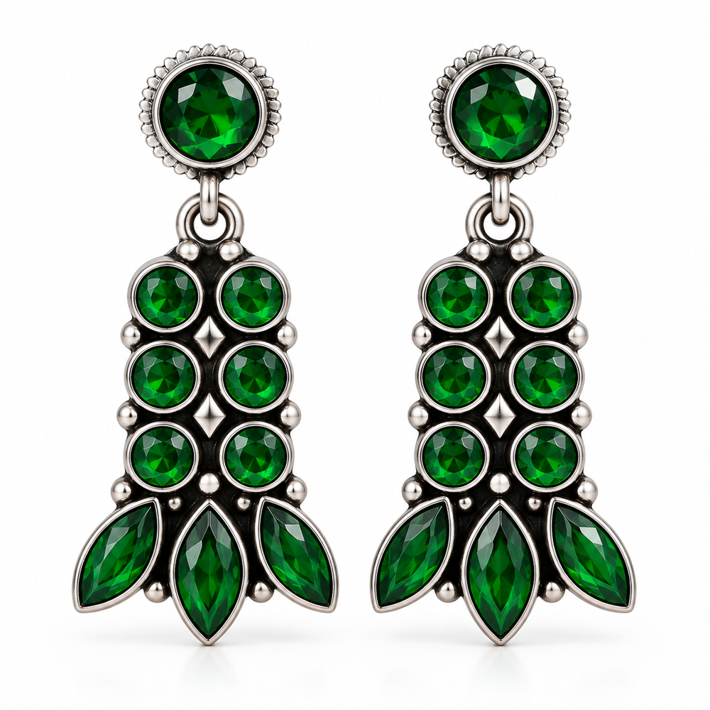 Green Stone Studded Metallic Dangle Earrings - Grade: A