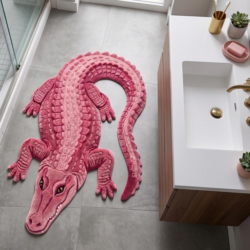 Hand-Tufted Novelty Pink Alligator Crocodile Shaped Wool Area Rug