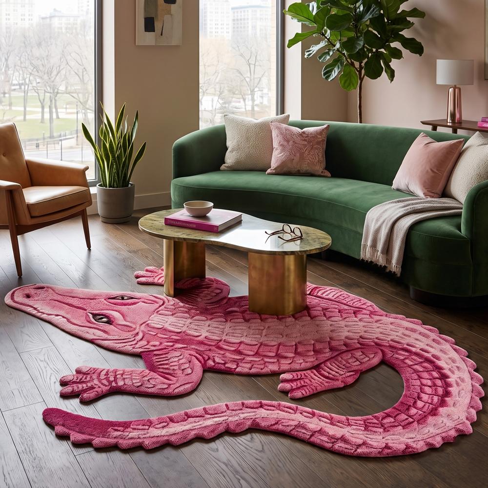 Hand-Tufted Novelty Pink Alligator Crocodile Shaped Wool Area Rug