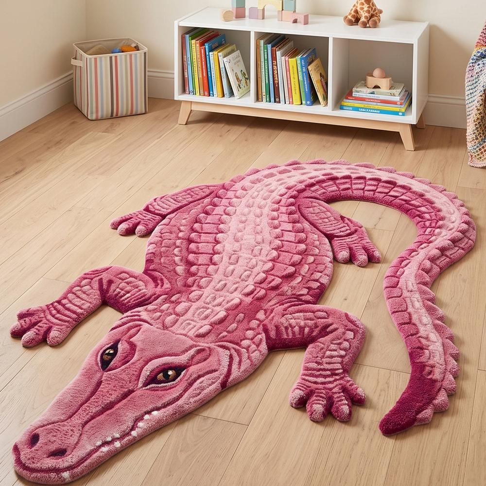 Hand-Tufted Novelty Pink Alligator Crocodile Shaped Wool Area Rug