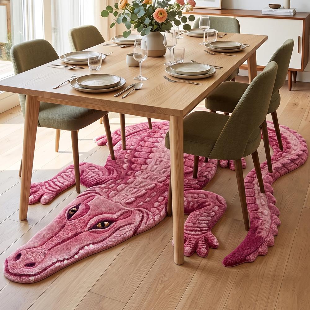 Hand-Tufted Novelty Pink Alligator Crocodile Shaped Wool Area Rug
