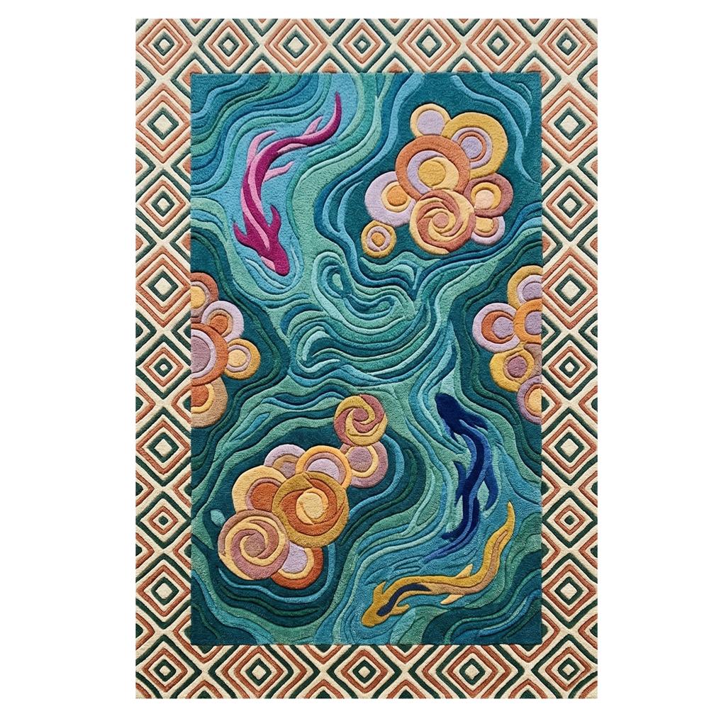 Hand-Tufted Japanese Zen Koi Pond Teal Blue Wool Area Rug