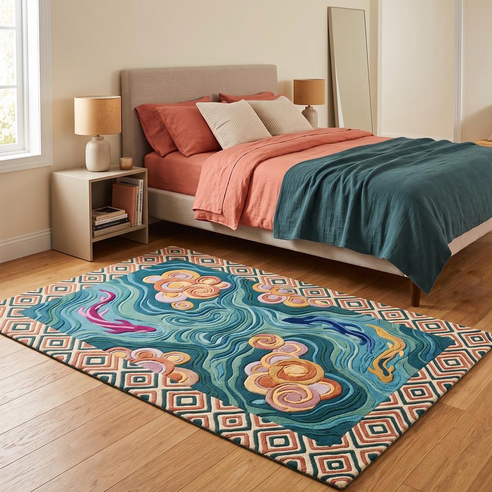Hand-Tufted Japanese Zen Koi Pond Teal Blue Wool Area Rug