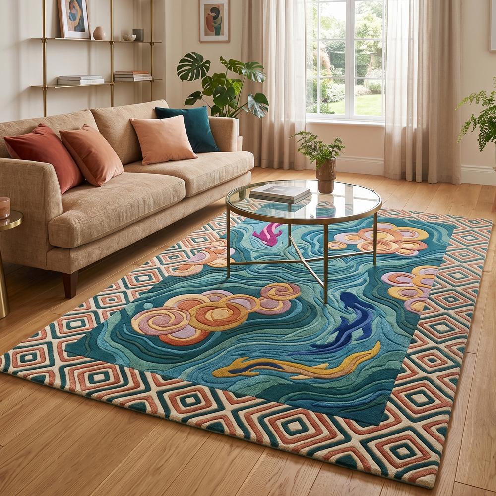 Hand-Tufted Japanese Zen Koi Pond Teal Blue Wool Area Rug