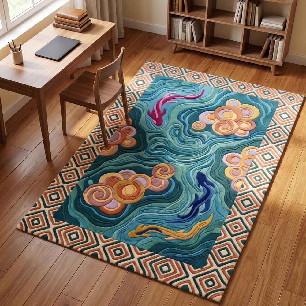 Hand-Tufted Japanese Zen Koi Pond Teal Blue Wool Area Rug