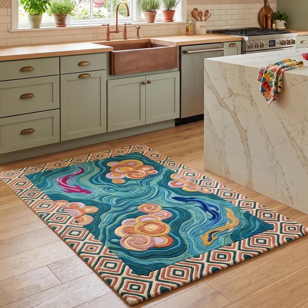 Hand-Tufted Japanese Zen Koi Pond Teal Blue Wool Area Rug