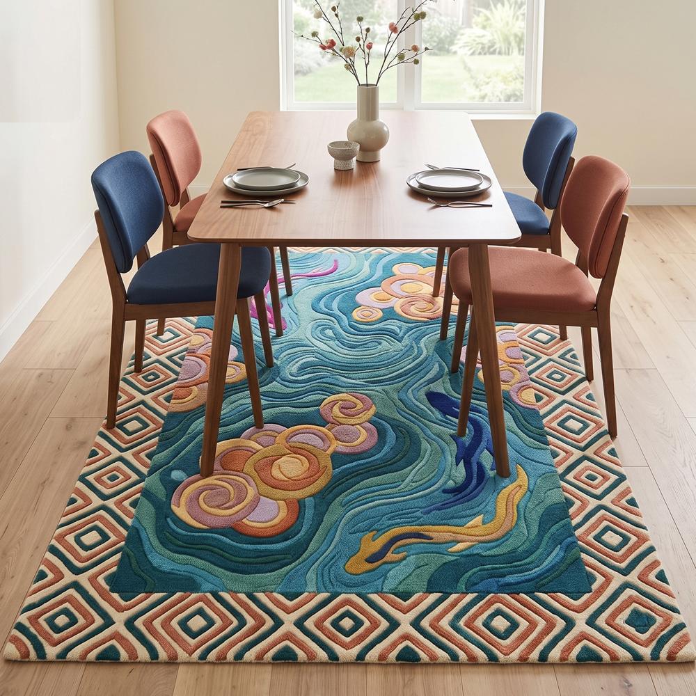 Hand-Tufted Japanese Zen Koi Pond Teal Blue Wool Area Rug