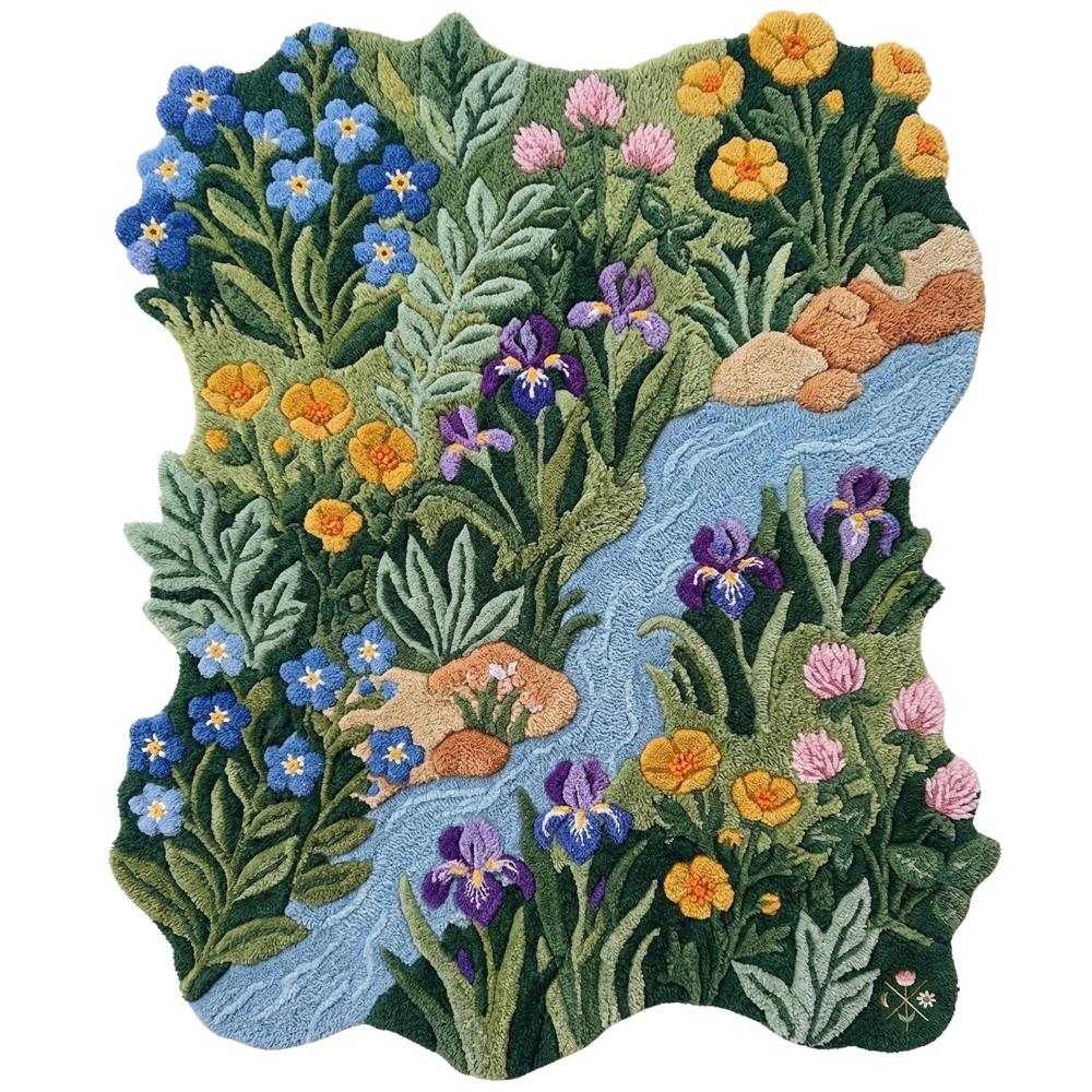 Hand-Tufted Wildflower Stream Moss Green Irregular Wool Area Rug