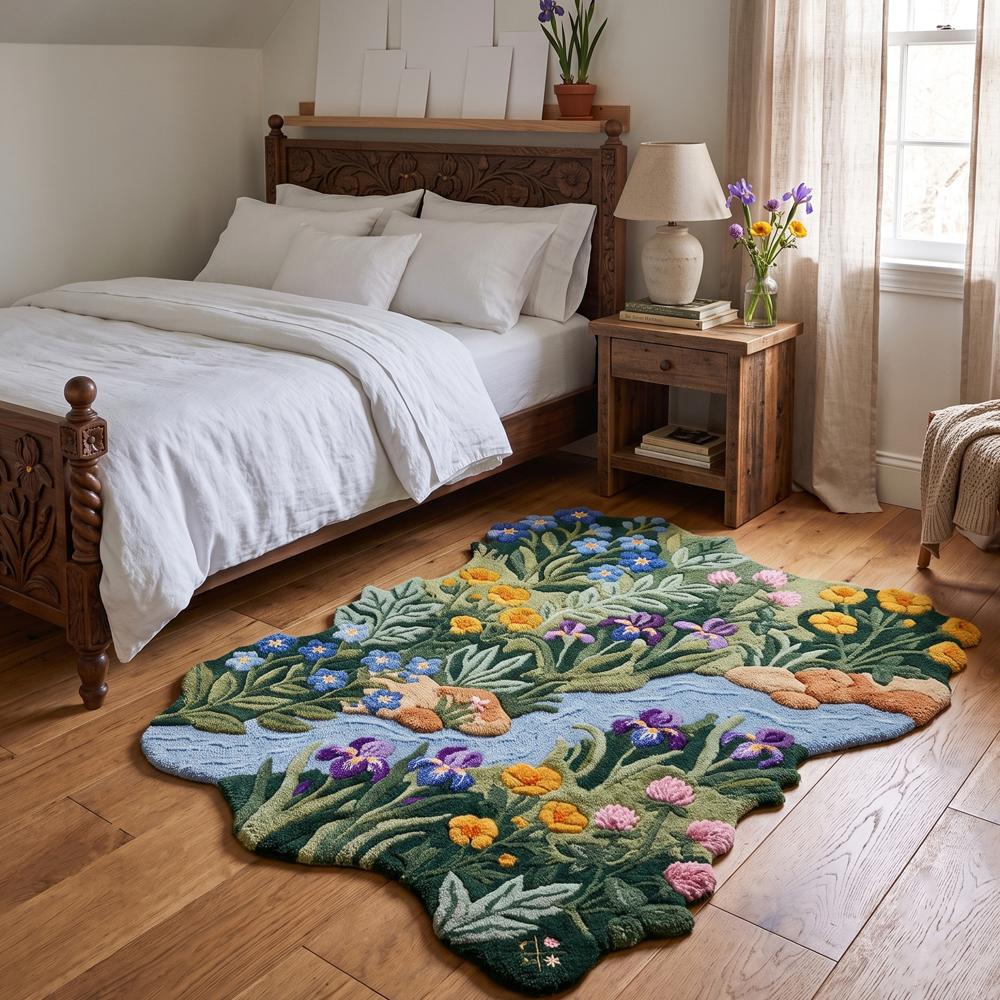 Hand-Tufted Wildflower Stream Moss Green Irregular Wool Area Rug