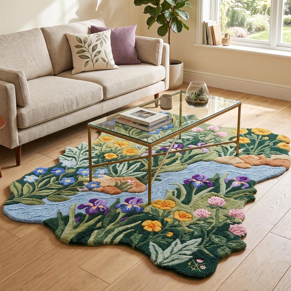 Hand-Tufted Wildflower Stream Moss Green Irregular Wool Area Rug