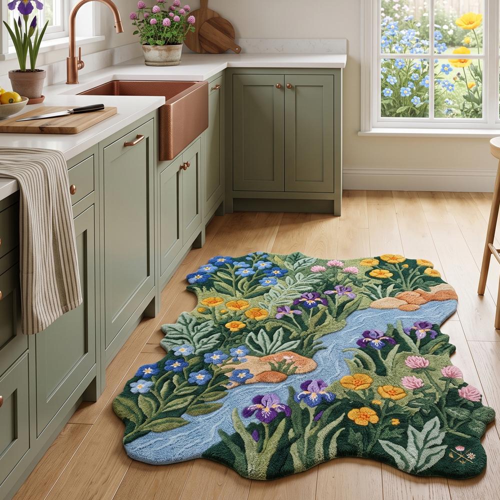 Hand-Tufted Wildflower Stream Moss Green Irregular Wool Area Rug