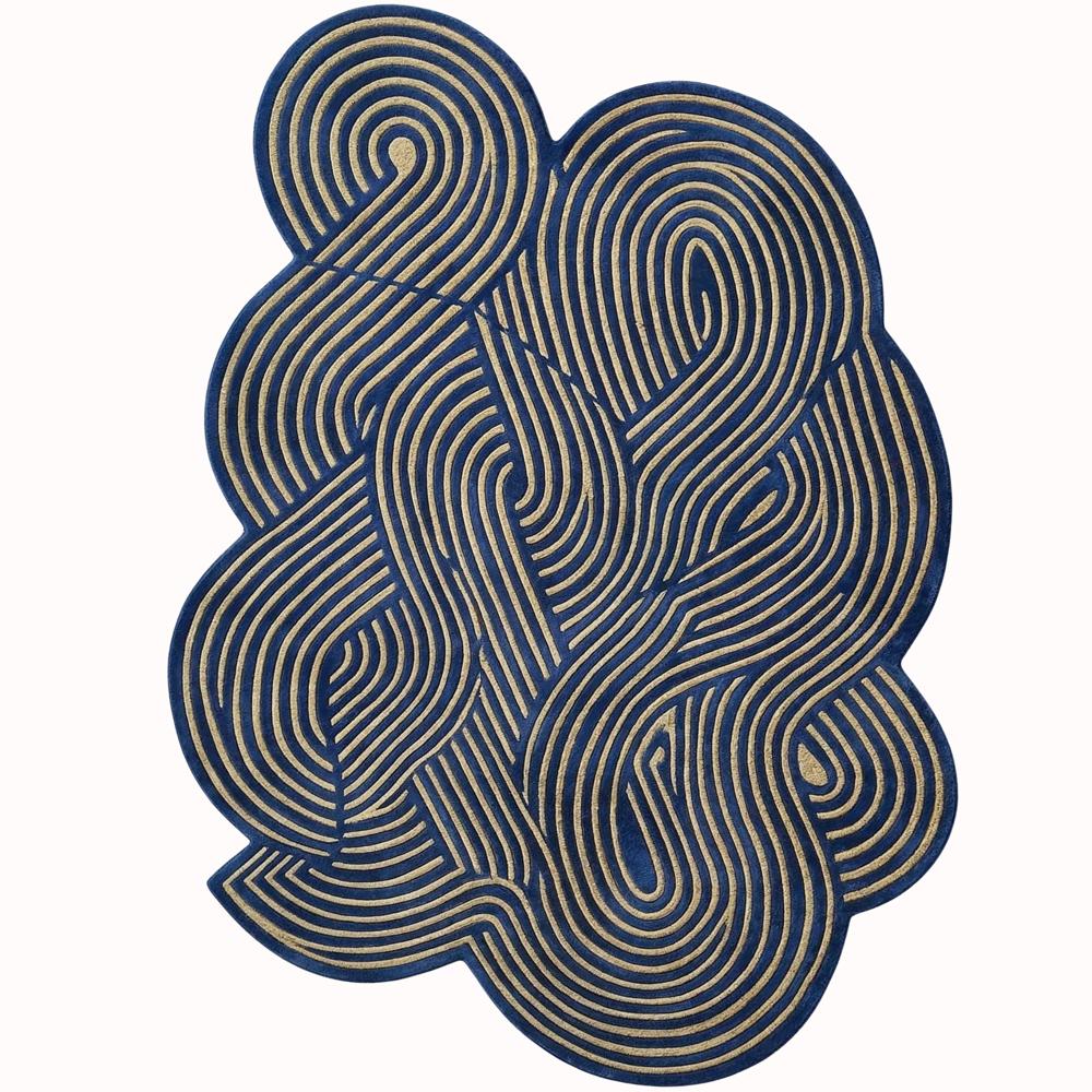 Hand-Tufted Modern Irregular Swirl Line Navy Blue & Gold Beige Wool Area Rug