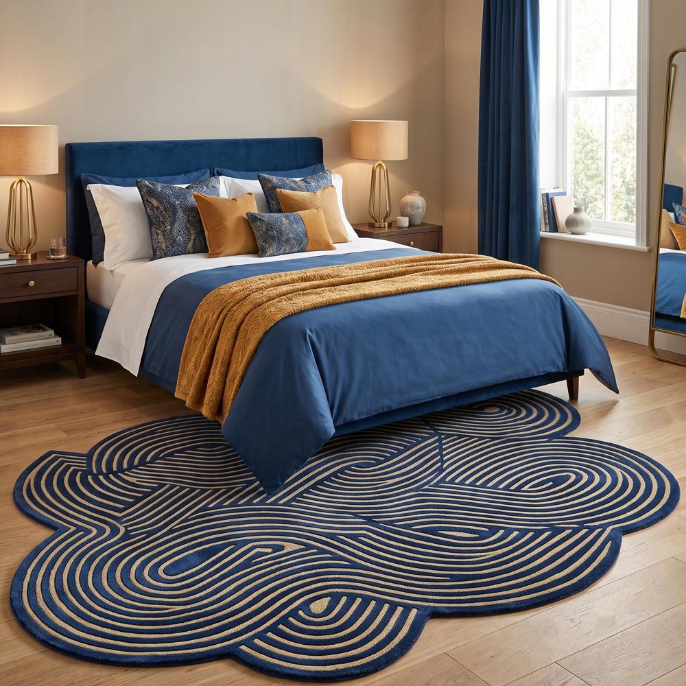 Hand-Tufted Modern Irregular Swirl Line Navy Blue & Gold Beige Wool Area Rug
