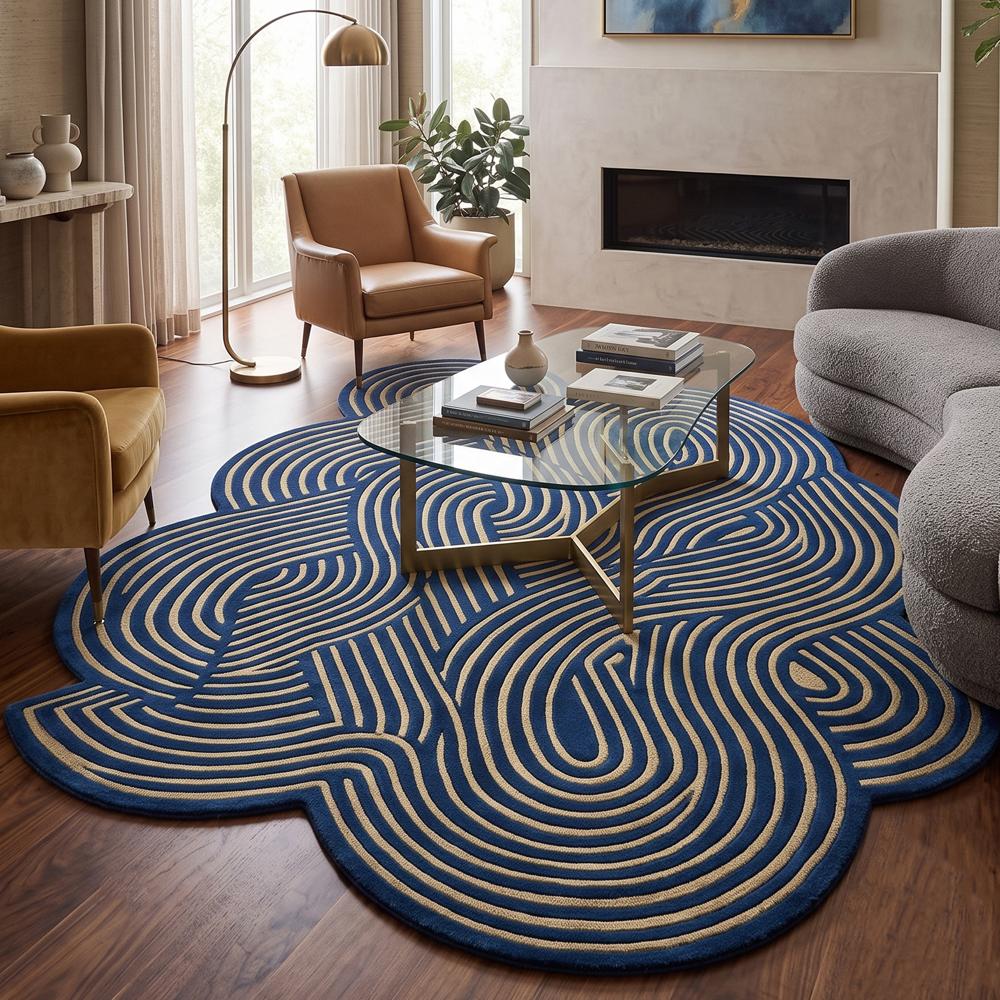 Hand-Tufted Modern Irregular Swirl Line Navy Blue & Gold Beige Wool Area Rug