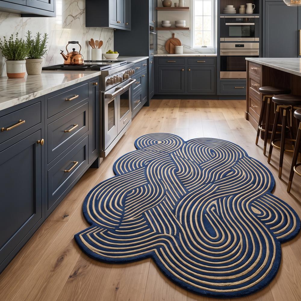 Hand-Tufted Modern Irregular Swirl Line Navy Blue & Gold Beige Wool Area Rug