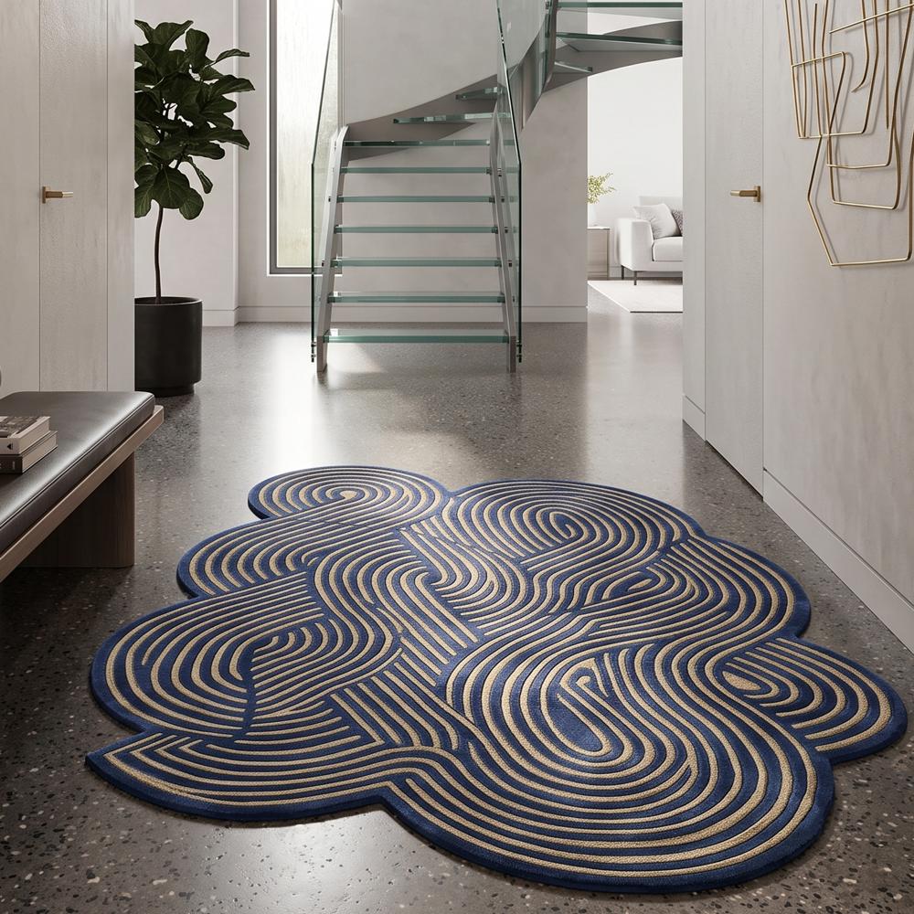 Hand-Tufted Modern Irregular Swirl Line Navy Blue & Gold Beige Wool Area Rug