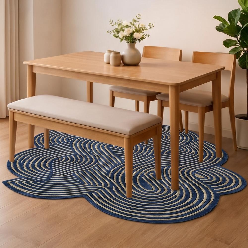 Hand-Tufted Modern Irregular Swirl Line Navy Blue & Gold Beige Wool Area Rug