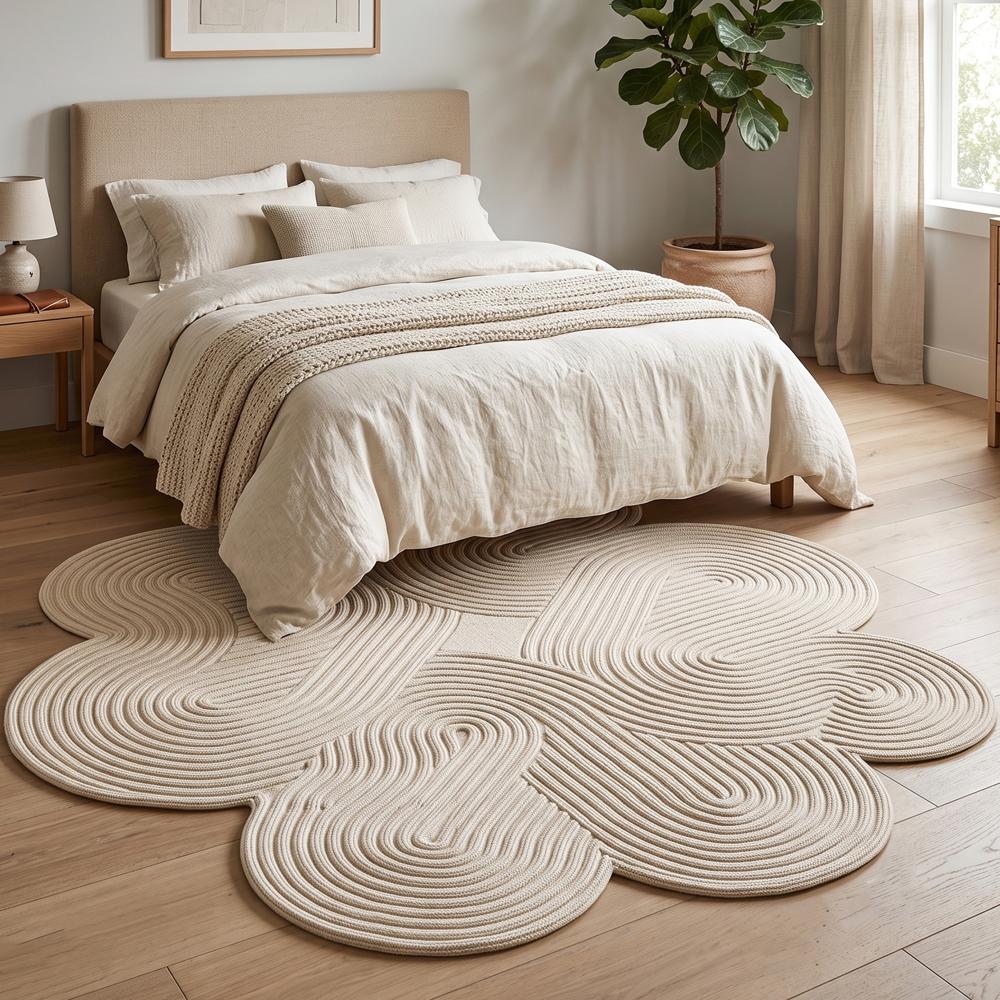 Hand-Tufted Modern Irregular Floral Swirl Beige Wool Area Rug