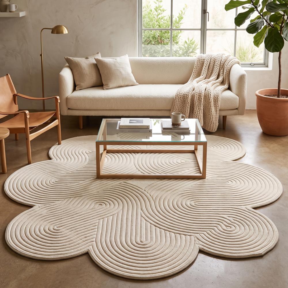 Hand-Tufted Modern Irregular Floral Swirl Beige Wool Area Rug