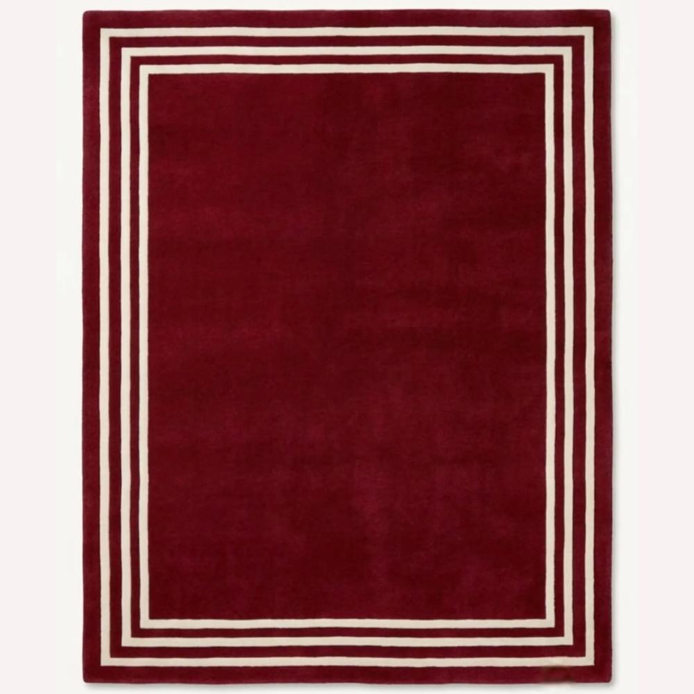 Hand-Tufted Deep Red Wool Area Rug with White Border