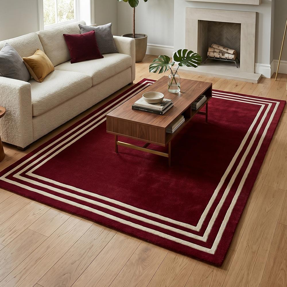 Hand-Tufted Deep Red Wool Area Rug with White Border