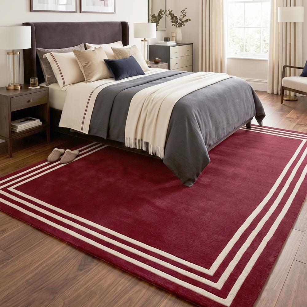 Hand-Tufted Deep Red Wool Area Rug with White Border
