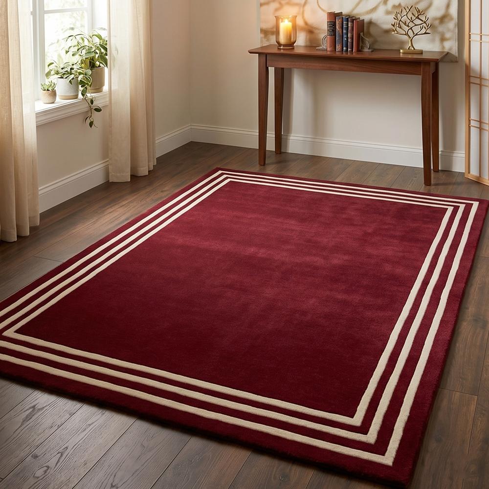 Hand-Tufted Deep Red Wool Area Rug with White Border