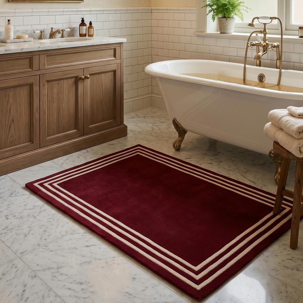 Hand-Tufted Deep Red Wool Area Rug with White Border