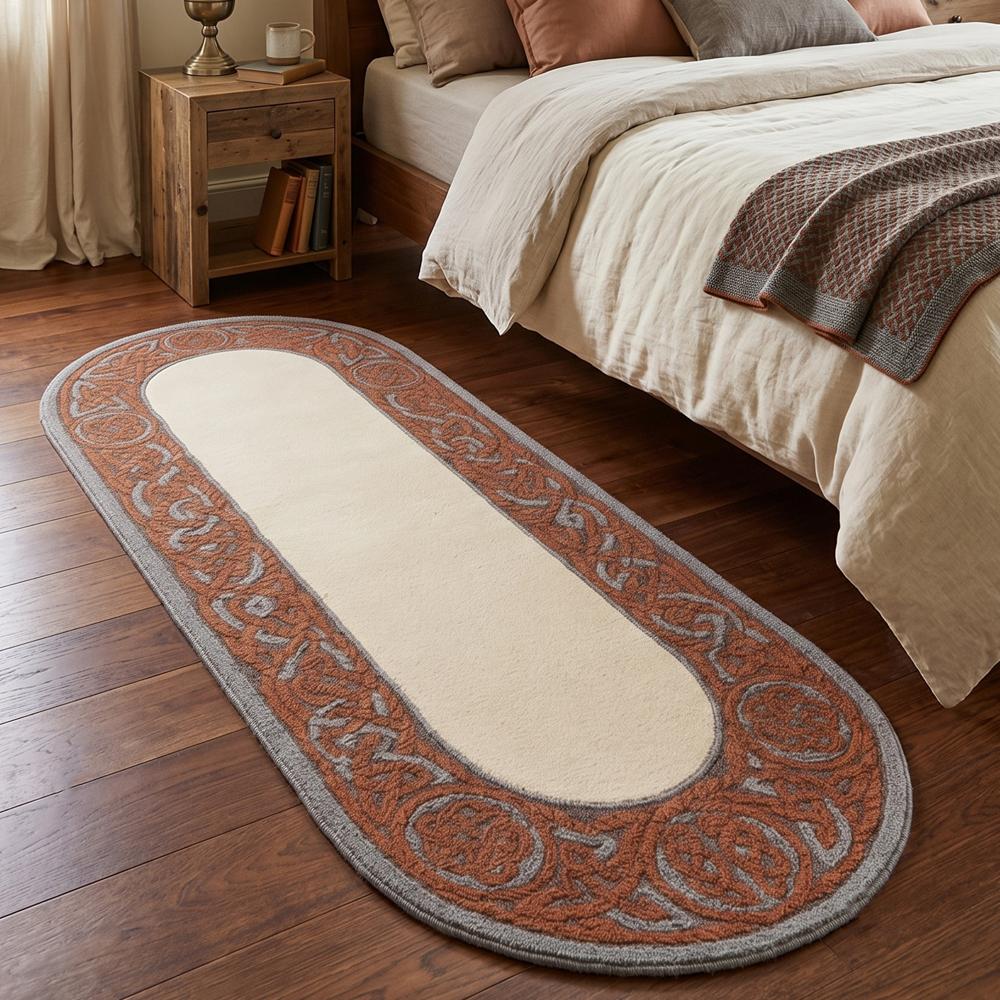 Hand-Tufted Vintage Oval Terracotta & Cream Wool Runner Rug