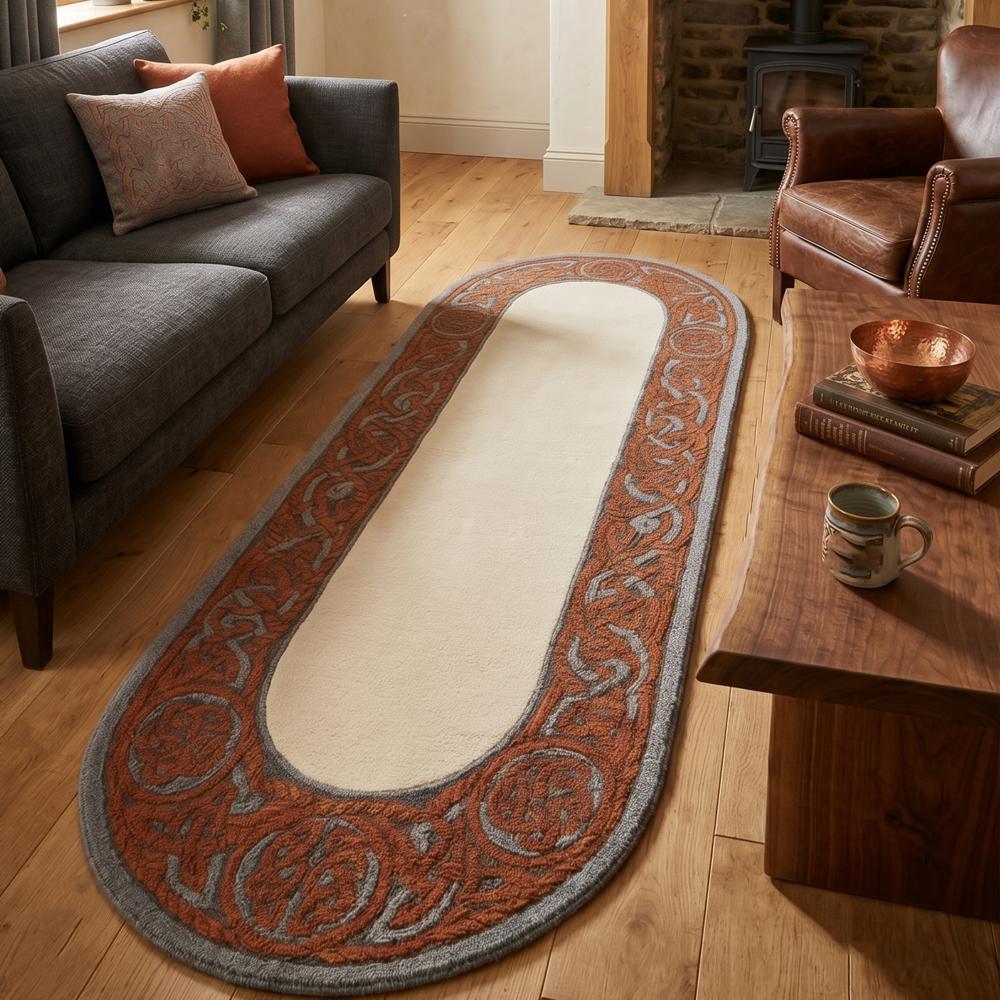 Hand-Tufted Vintage Oval Terracotta & Cream Wool Runner Rug