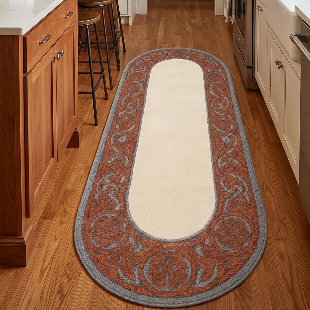 Hand-Tufted Vintage Oval Terracotta & Cream Wool Runner Rug
