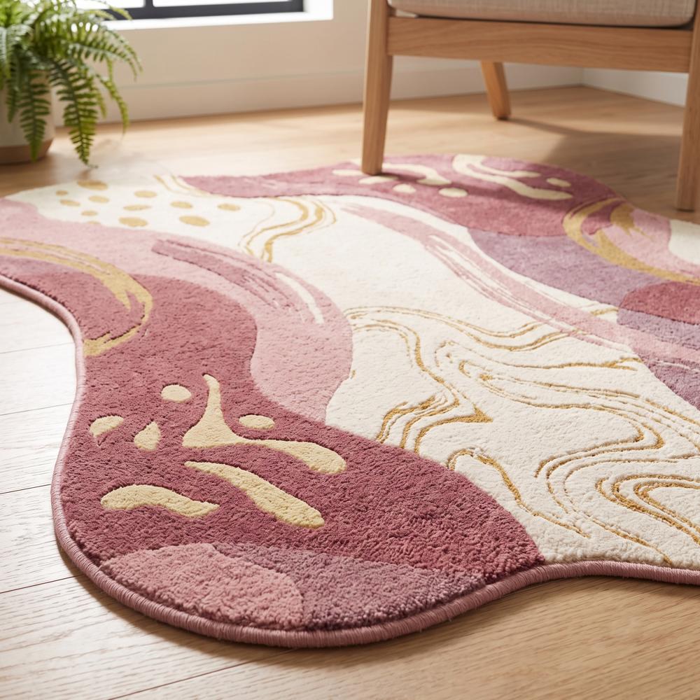 Hand-Tufted Modern Irregular Abstract Wave Pink & Cream Wool Area Rug